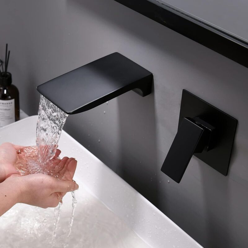 Schwarze Wandarmatur Aus Messing – Wasserfallauslauf – Wandmontage – Elegantes Design Für Modernes Badezimmer