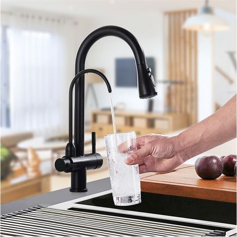 Küchenarmatur Mit Ausziehbarer Brause, Schwarze Edelstahl-küchenarmatur, 360° Drehbar Für Heißes Und Kaltes Trinkwasser