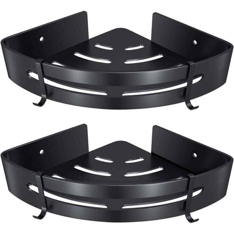 Eckregal Für Das Badezimmer, Klebendes Duschregal Aus Aluminium Ohne Bohren, Aufbewahrungskorb Für Shampoo, Seife Und Handtücher Mit Haken (dreieck, Schwarz, 2 Stück)