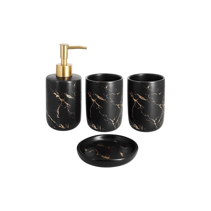 4-teiliges Badezimmer-set Aus Keramik Mit Seifenspender, Bechern Und Seifenschale (schwarz)
