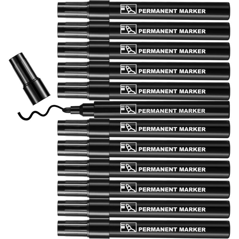 Schwarzer, Unlöschbarer Marker, 12er-pack, Permanente Filzstifte Mit Konischer Spitze (2–3 Mm), Mittlere Strichstärke, Geeignet Für Kunststoff, Karton, Stein, Holz, Metall Und Glas