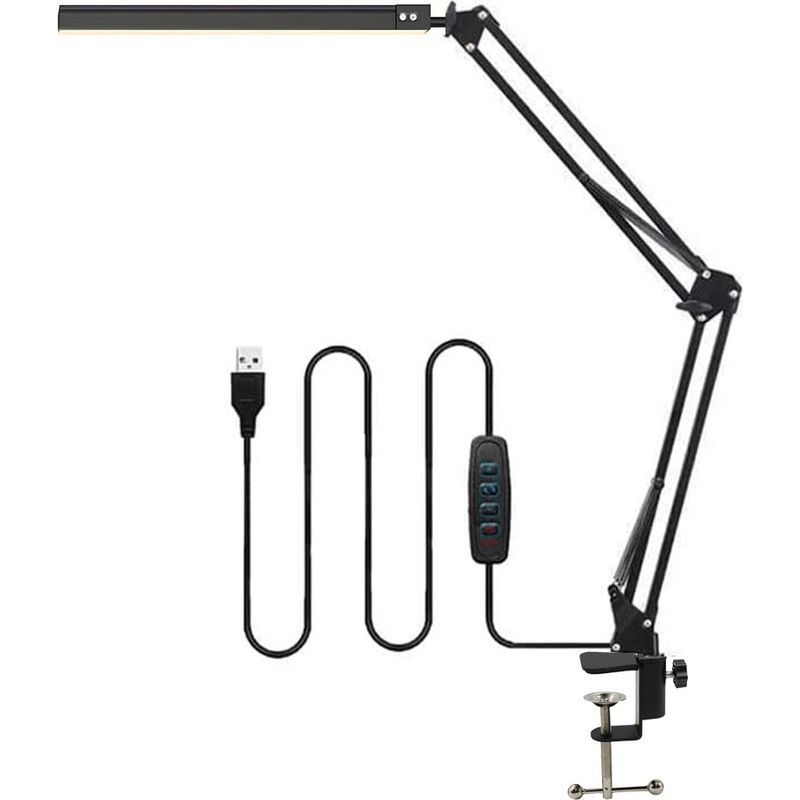 Schwarze Led-schreibtisch- Und Leselampe Mit Usb-anschluss, Schwenkbarem Arm Und Klemme, Dimmbar, 3 Farbmodi, Augenschonend
