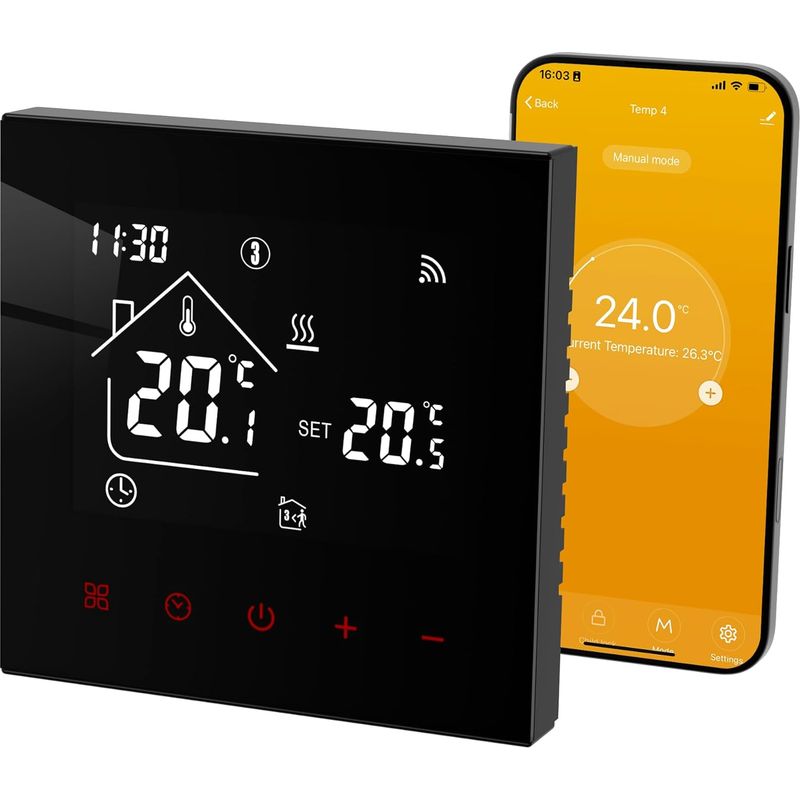 Wifi-thermostat Für Gasheizkessel, Programmierbarer Raumthermostat Mit Lcd-display, Kompatibel Mit Alexa Und Google Home, 3a, Schwarz