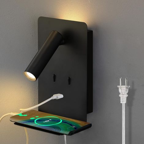 Steckbare Wandleuchte Für Schlafzimmer, An Der Wand Montierte Leselampe, Led-nachttisch-wandstrahler Mit Schalter Und Usb-anschluss, Wandbeleuchtungslampen 3000k (schwarz)