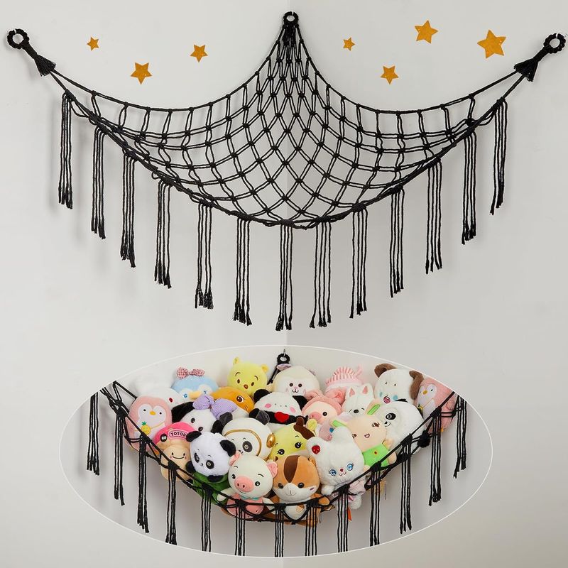1 Spielzeugaufbewahrungs-hängematte, Böhmische Hängematte Für Plüschtiere, Hängender Aufbewahrungsständer Für Kinderzimmer, Schwarz