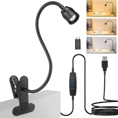 Klemm-schreibtischlampe, Flexibler Schwanenhals-leselampe Mit 360°-drehung (mit Ladegerät), Klemmlampe Mit 3 Lichtmodi & 10 Helligkeitsstufen, Einstellbarer Strahlungswinkel Von 15° Bis 80°