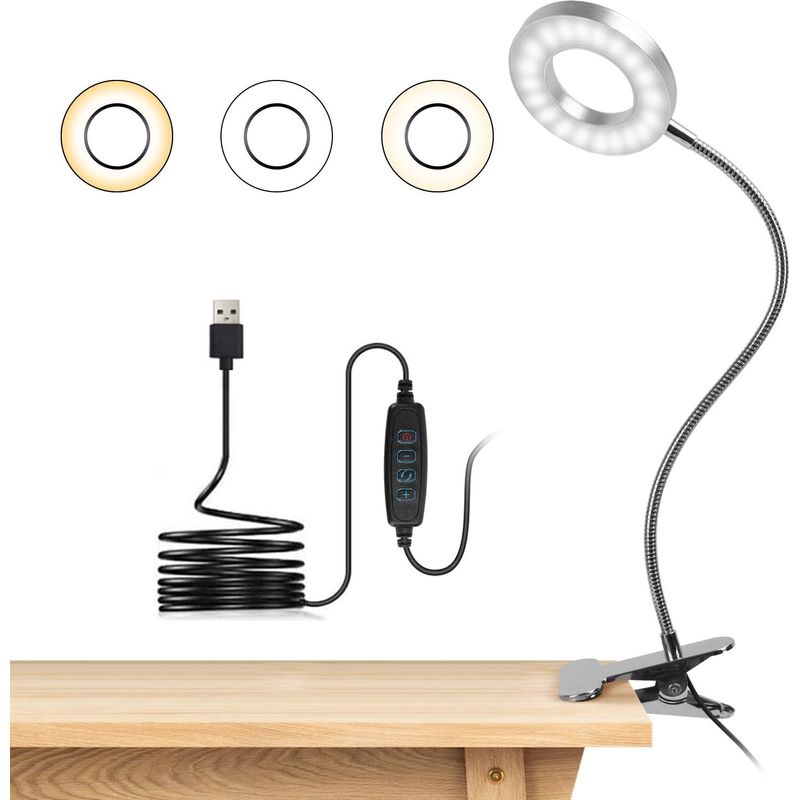 Klemmleuchte Mit 48 Leds, Flexibel Um 360° Drehbar, Klemmbare Leselampe Mit 3 Lichtmodi & 10 Helligkeitsstufen, Usb-schreibtischlampe Für Studium Und Arbeit, Silber