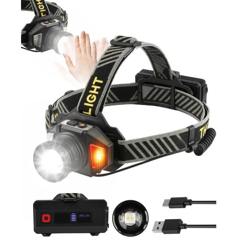 Led-stirnlampe, Ultra Stark, Usb-c Wiederaufladbar Mit 12 Lichtmodi, Sensor & Warnlicht, Ipx5 Wasserdicht, 90° Verstellbar, Zoombar, Ausziehbarer Kopf Für Camping, Wandern, Angeln Und Laufen