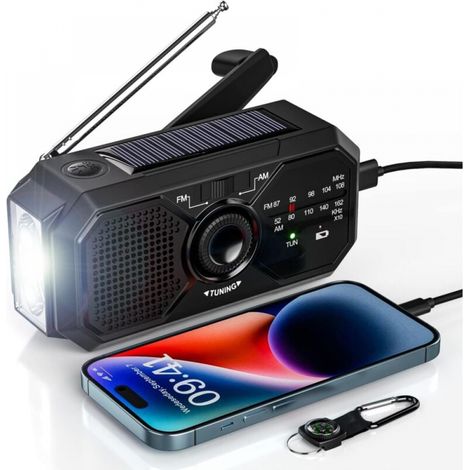 Tragbares Kurbelradio, Solarbetriebenes Überlebensradio Am/fm, Dynamo-usb-c 2500mah Wiederaufladbar Mit Led-taschenlampe, Sos-alarm, Kompass, Kleines Radio Für Notfälle, Outdoor, Wandern, Camping