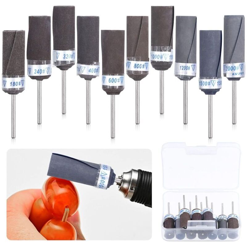 Satz Von 10 Schleiftrommeln, Schleifhülsen, Abrasive Schleifpunkte, Zylindrische Polieraufsätze Für Rotationswerkzeuge 180/240/320/400/600/800/1000/1200/1500/2000