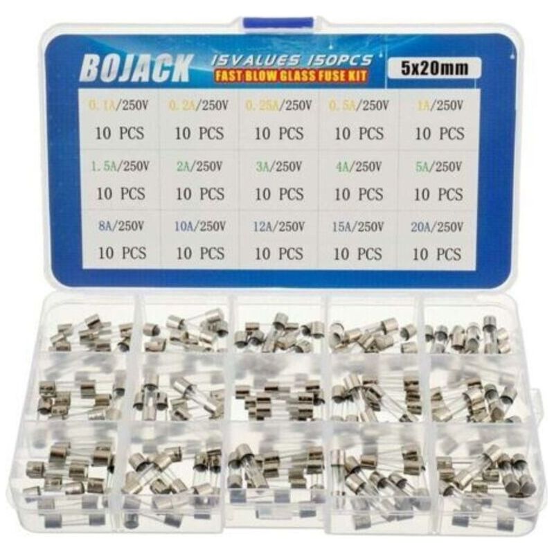 15 Sorten Glas-sicherungen Mit Schnellanschluss, 150 Stück, 5x20 Mm, 250 V, 0,1 0,2 0,25 0,5 1 1,5 2 3 4 5 8 10 12 15 20 A, Verpackung In Durchsichtiger Kunststoffbox