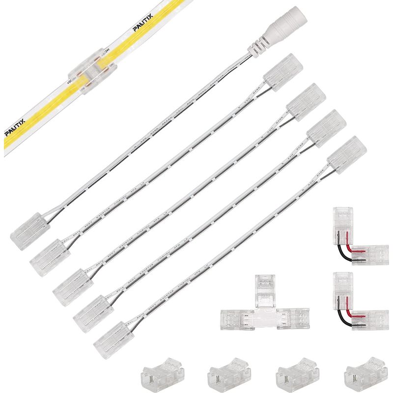 12er-pack 8mm 2-pin-led-steckverbinder-kit Für Cob-led-streifen, Enthält 4 Mittelsteckverbinder, 2 L-förmige, 1 T-förmigen, 4 Doppelseitige 15cm-verlängerungskabel Und 1 Dc-buchsenstecker