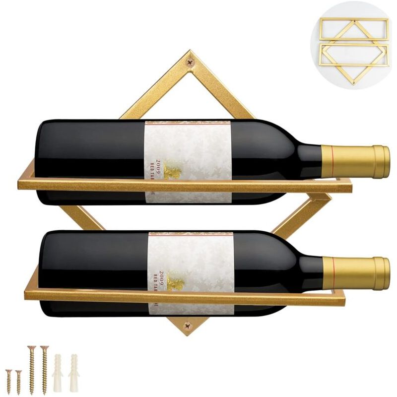 Metall-wandhalterung Für Weinflaschen, Faltbarer Hängender Weinkisten-organizer Für 2 Flaschen Alkohol, Wandmontiertes Weinregal Für Bar Und Keller (1, Gold-a)