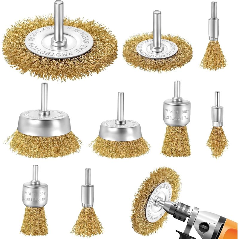 Set Aus 9 Metallbürsten Für Bohrmaschine, Messingbürste Für Bohrmaschine Mit 6 Mm Schaft, Schleifbürsten, Schrauber-bohrmaschine Zum Reinigen Von Metall/holz/lack/oberflächenbearbeitung
