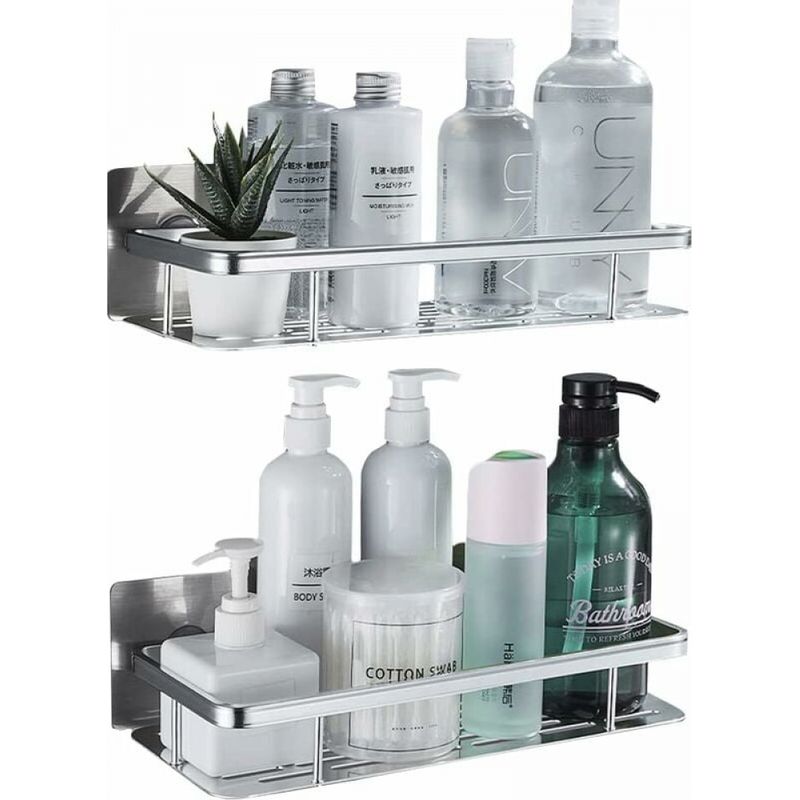 2er-set Aluminium-duschregal Ohne Bohren, Silber, Rostbeständiges Badezimmer-aufbewahrungsregal, Selbstklebende Badezimmerregale, Duschwagen Ohne Bohren Mit 4 Haken