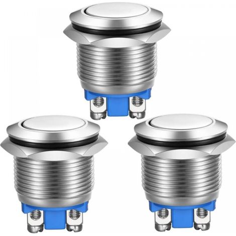 3 Stück Moment-drucktaster Mit Schraubklemmen Aus Edelstahl, Wasserdichter Knopf 19 Mm, 2 A, 12 V/24 V/125 V/250 V (flacher Kopf)