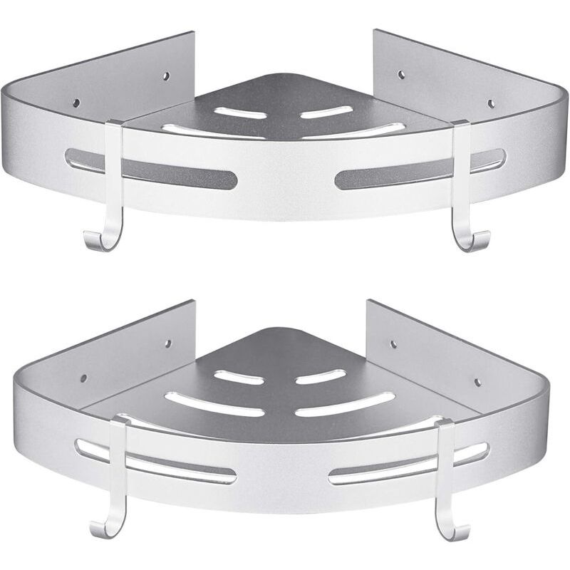 Eckduschregal Ohne Bohren, Badezimmerzubehör Aus Aluminium, 2er-set, Silber Mit Haken