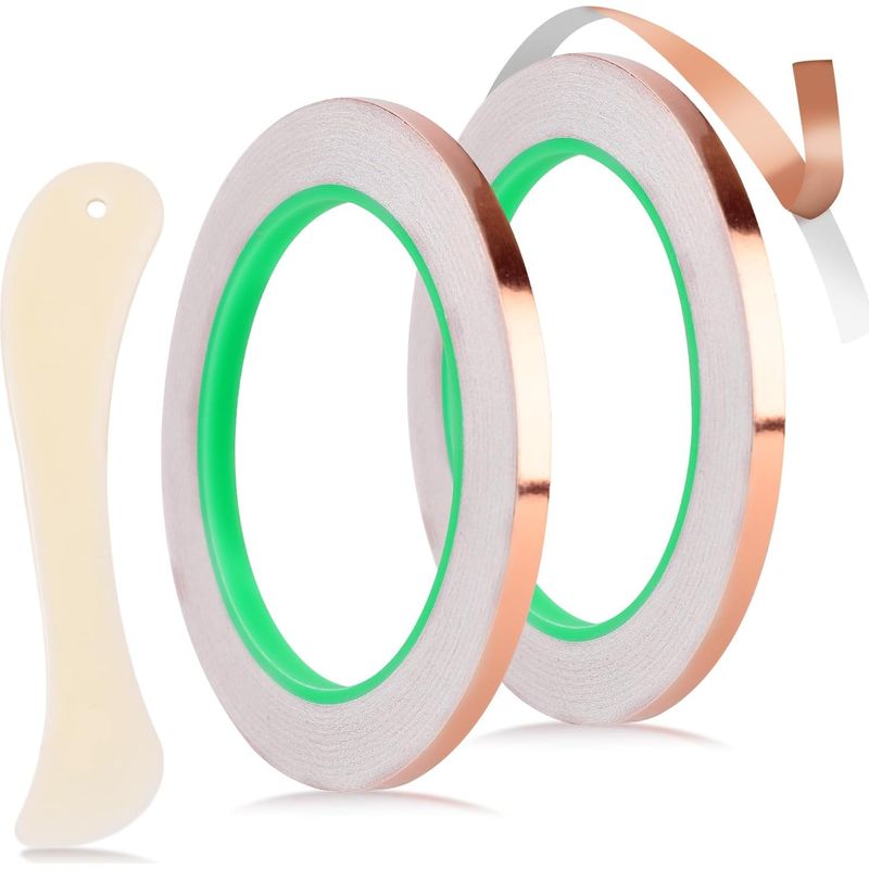 2er-set Kupferfolien-klebeband Für Glasmalerei, 5mm X 20m Doppelseitiges Leitfähiges Klebeband Mit Kunststoffschaber, Zubehör Für Emi-abschirmung Und Elektrische Reparaturen