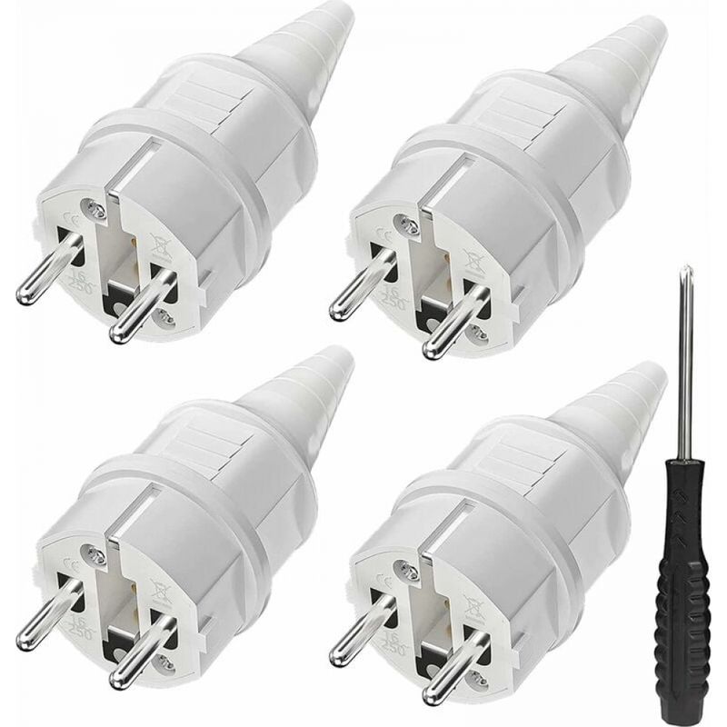 Stecker Mit Knickschutz [4 Stück], 4 Geerdete Gummistecker (250 V/16 A) + 1 Schraubendreher, Geeignet Für Den Außeneinsatz