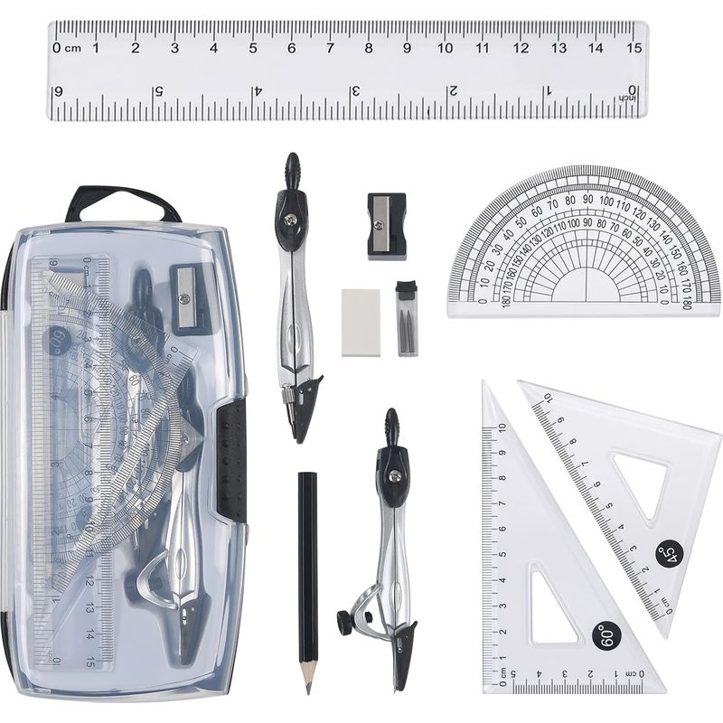 Geometrie-set, 10-teiliges Geometrie-kit, Lineal Winkelmesser Zirkel Bleistiftminen Nachfüllungen