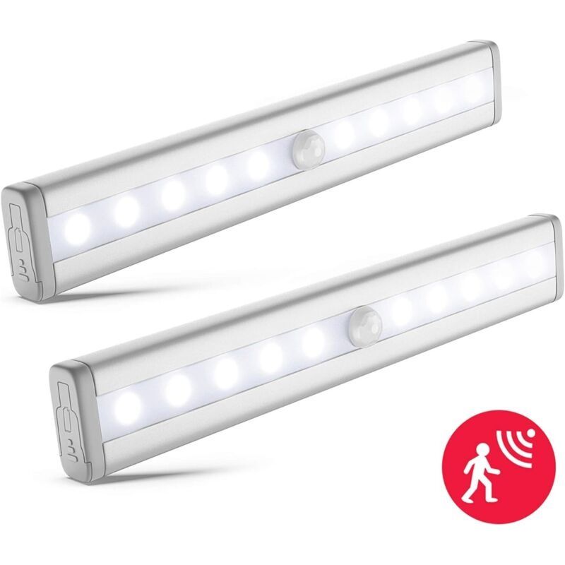 2er-set Led-nachtlichter Mit Bewegungsmelder, Schrankbeleuchtung Für Schränke Und Vitrinen, Led-leiste, Selbstklebend, Batteriebetrieben (aaa-batterien Nicht Enthalten), Aluminium-optik