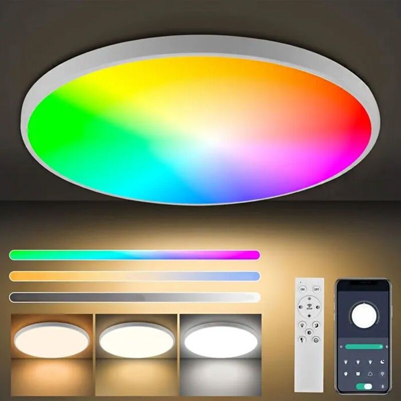 Dimmbare Led-deckenleuchte, 36w Rgb Deckenleuchte Mit Fernbedienung Und App-steuerung, Runde Dimmbare Deckenbeleuchtung (weiß)