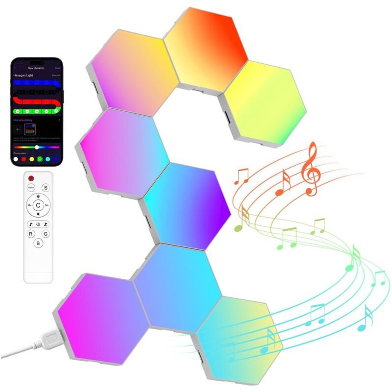 Hexagonale Led-wandlampe Für Gaming – 8er Set, Smarte Modulare Rgb-dekoleuchten Mit Musik-sync, App- Und Fernbedienungssteuerung, Kreative Diy-gaming-setup-wandleuchten [energieeffizienzklasse F]