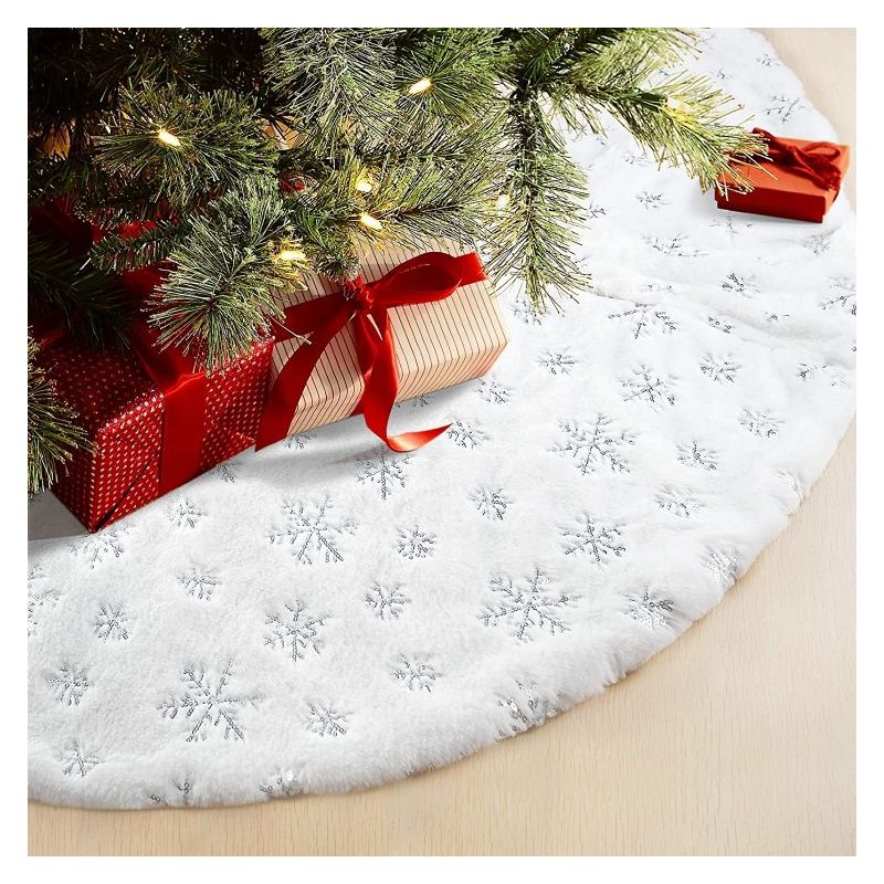 Weihnachtsbaumrock Aus Kunstfell Mit Schneeflockenstickerei, Silberner Glitzernder Weihnachtsbaumschmuck 78 Cm