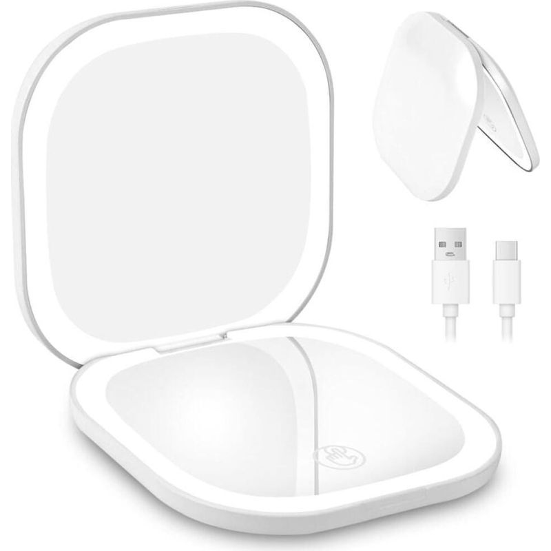 Wiederaufladbarer Vergrößernder Reisespiegel, 3x/1x Vergrößerung, Beleuchteter Schminkspiegel Mit 3 Farblichtern, Doppelseitig, Für Präzises Make-up, Weiß