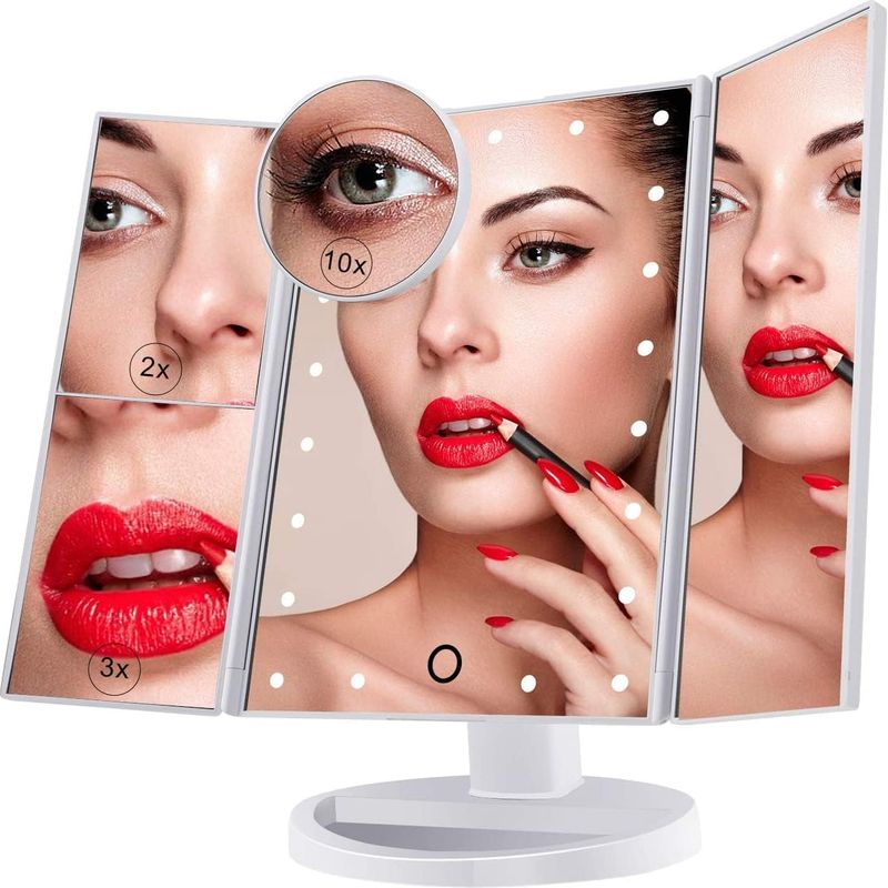 Dreifach Vergrößernder Schminkspiegel Mit 21 Leds, Beleuchteter Spiegel 10x / 3x / 2x Mit Touchscreen, Duale Stromversorgung, 180° Drehbar