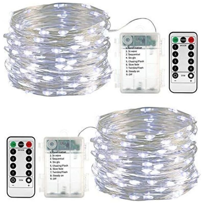 2er-set Led-lichterketten Mit Batterien, 10 M (100 Leds), Wasserdicht Für Den Außenbereich, Mit Fernbedienung, Timer Und Dimmfunktion (weiß).