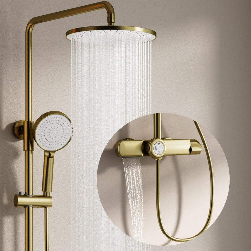 Duschsystem, Duscharmatur Gold Mit Thermostat, Regendusche Mit Armatur 3-in-1 Duschgarnitur Aus Messing, 360° Verstellbarer 260mm Duschkopf, Anti-kalk-düsen, 3 Modus Handbraus, Wanneneinlauf