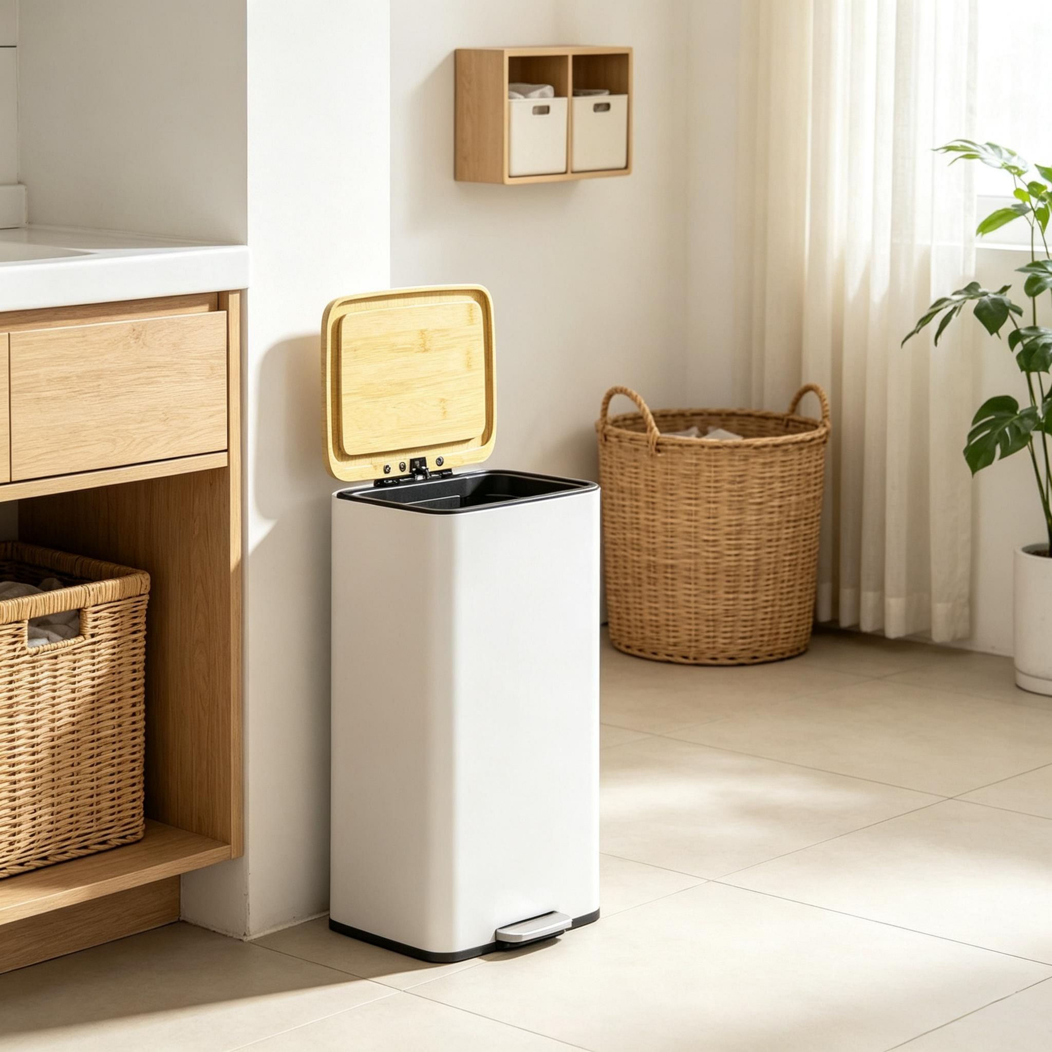 20 L Küchen-pedaleimer Mit Bambusdeckel, Soft-close, Abnehmbarer Einsatz, Weiß