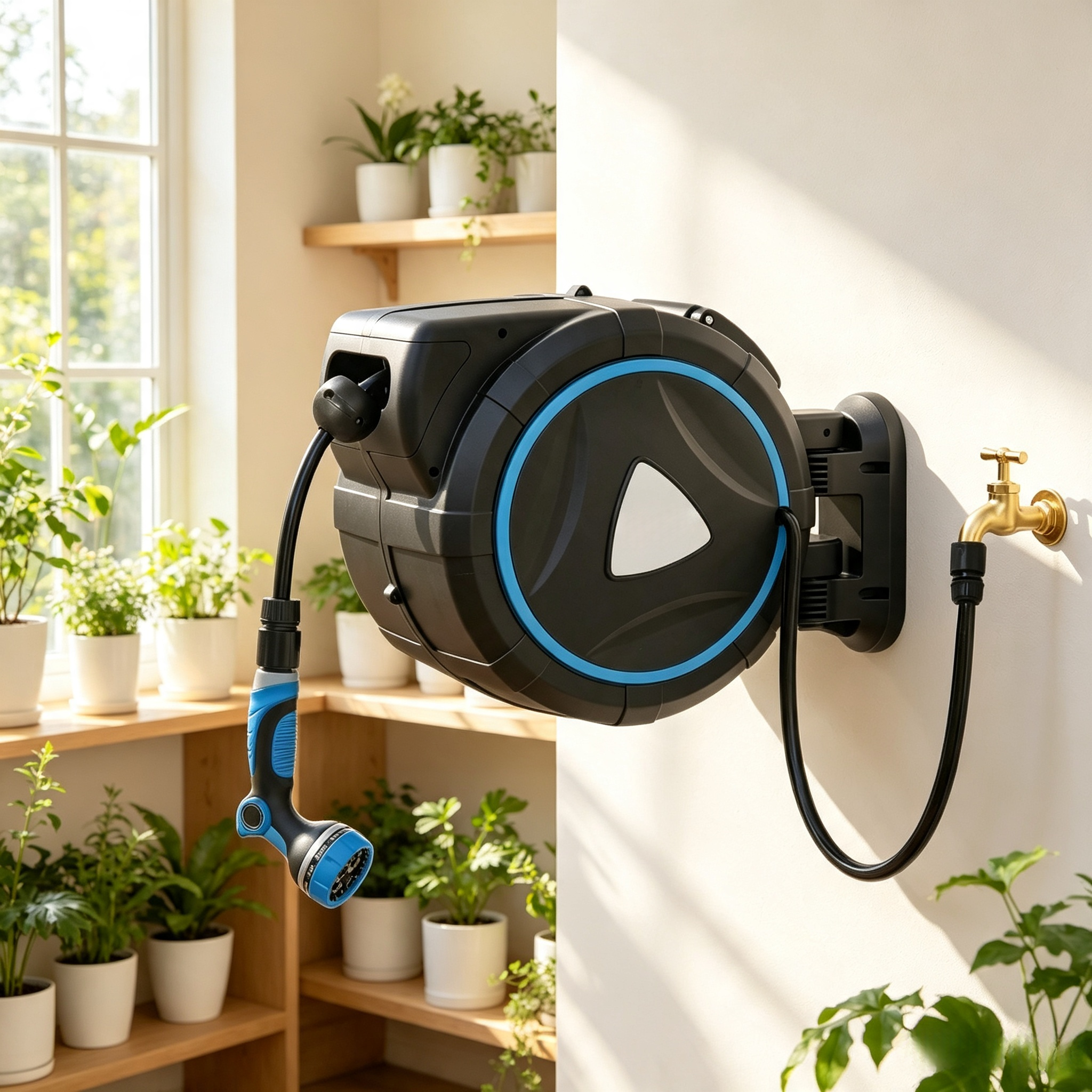 Automatischer Schlauchaufroller 23+2 M, Wandmontage, Mit Brause 10 Sprühmodi, Blau