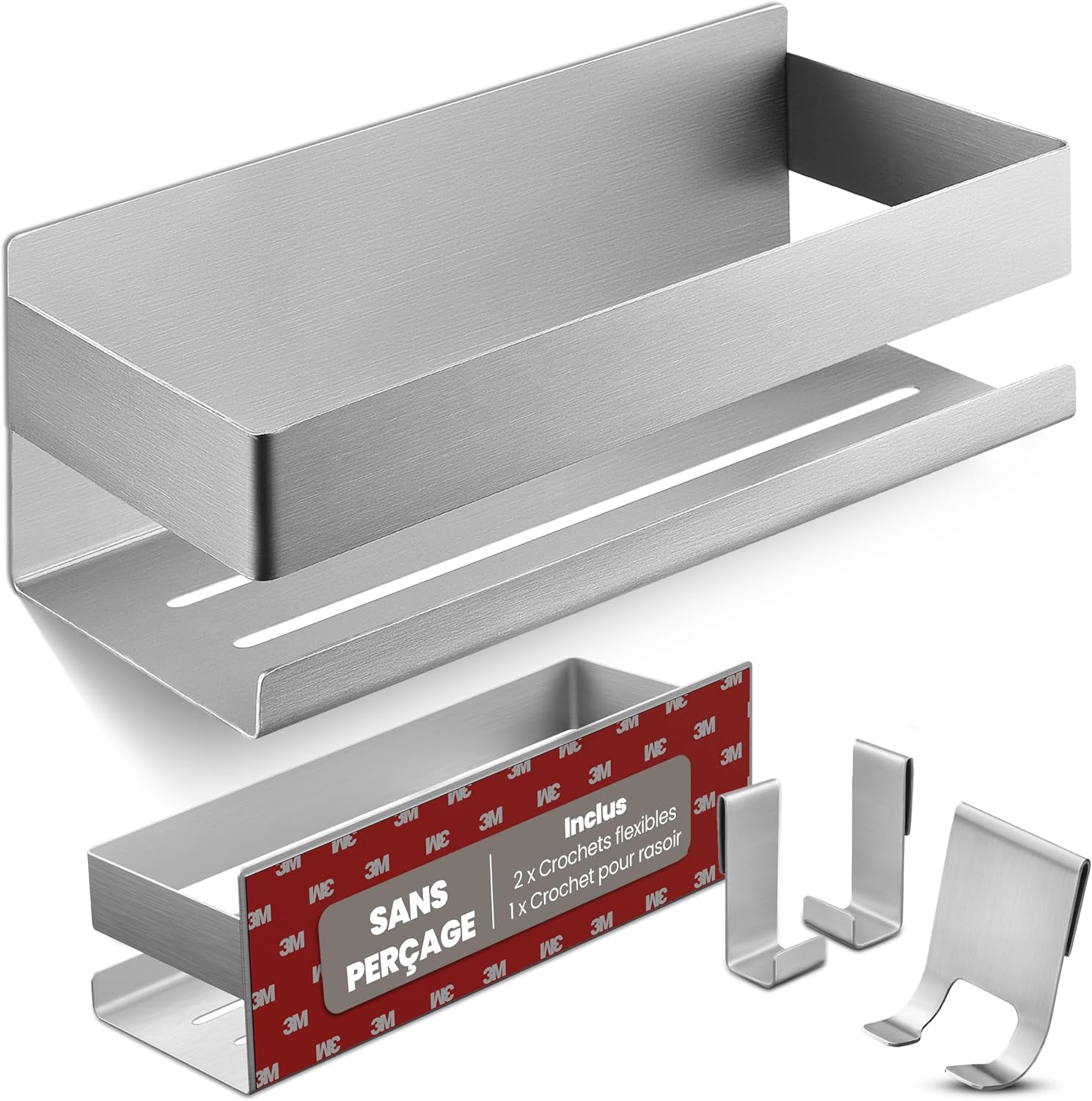 Duschablage Ohne Bohren – Badezimmerregal Edelstahl – Gebürstetes Silber – 2 Klebeoptionen
