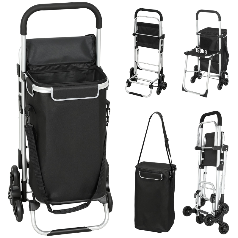 Einkaufstrolley Mit 40 L Oxford-tasche, 3-rad, Aluminiumrahmen Und Sitz, Schwarz