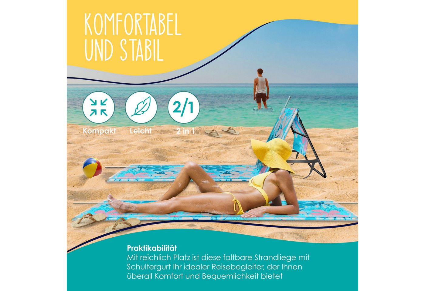 Kesser® Sonnenliege Klappbar, Bis 200 Kg, Verstellbar - 1er, Hellblau