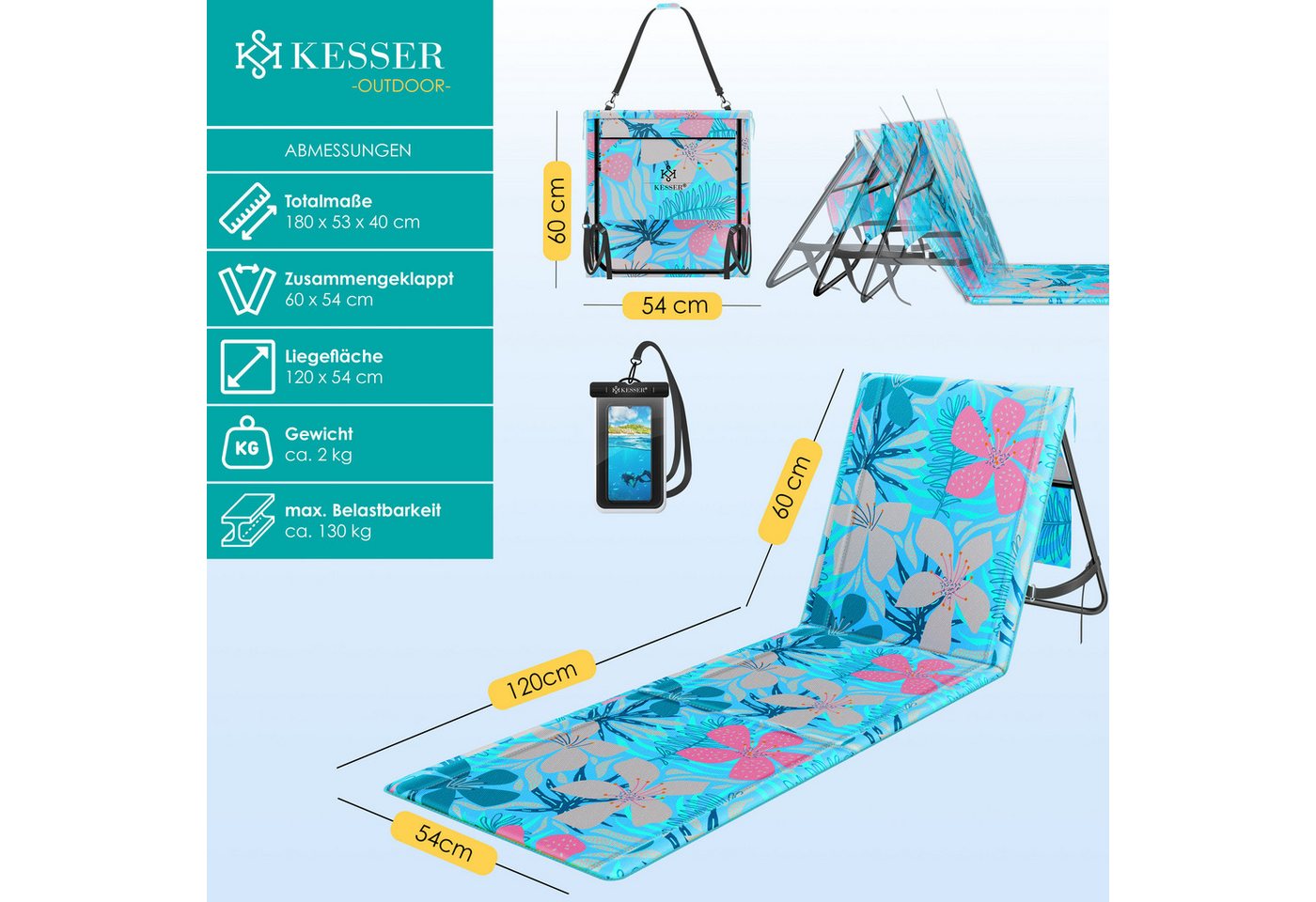 Kesser® Sonnenliege Klappbar, Bis 200 Kg, Verstellbar - 1er, Hellblau Bild 3