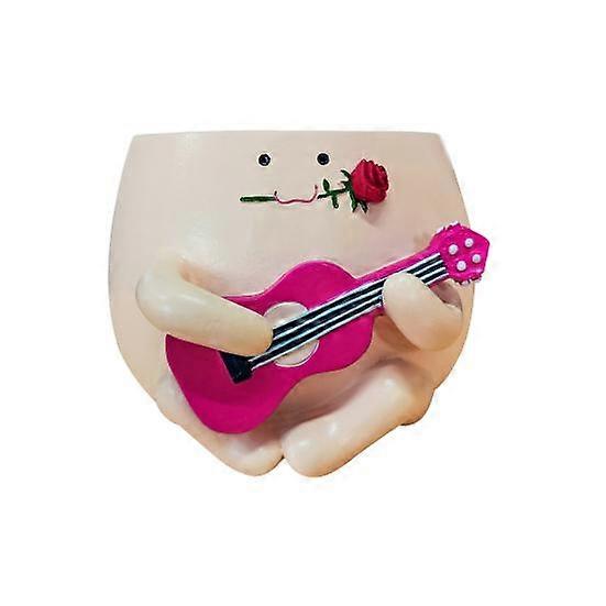 Blumentopf Aus Kunstharz In Form Eines Ukulelenkopfes Mit Lächelndem Gesicht, Ideal Für Den Innen- Und Außenbereich, Für Kakteen Und Sukkulenten.