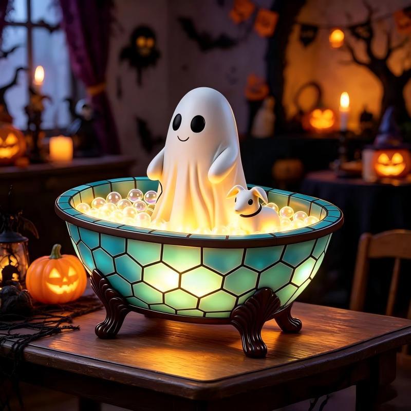 Halloween Geist Lampe Schaumbad Und Katze Tragbare Dekorative Nachtlampe Einzigartiges Tischaccessoire