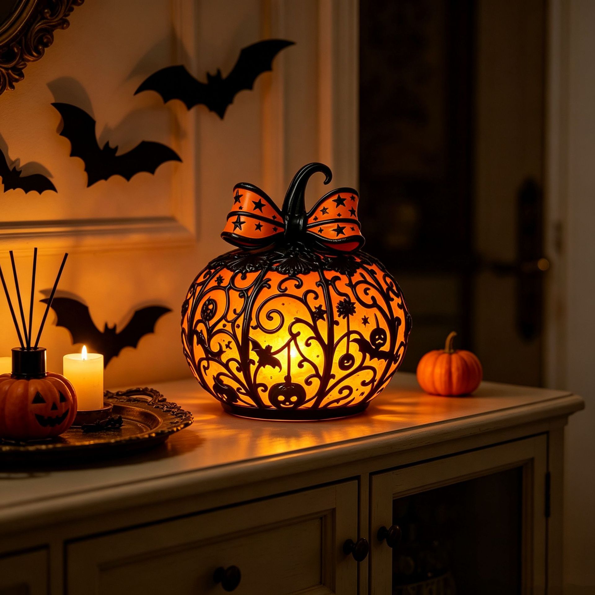 Halloween Kürbis Lampe Aus Harz Tiffany Stil Mit Schleife Großes Modell 15 Cm Tischdeko