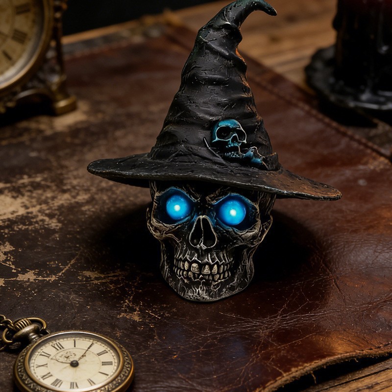 Halloween Lampe Totenkopf Und Hexenhut Aus Harz Gothic Tischdeko Stimmungslicht