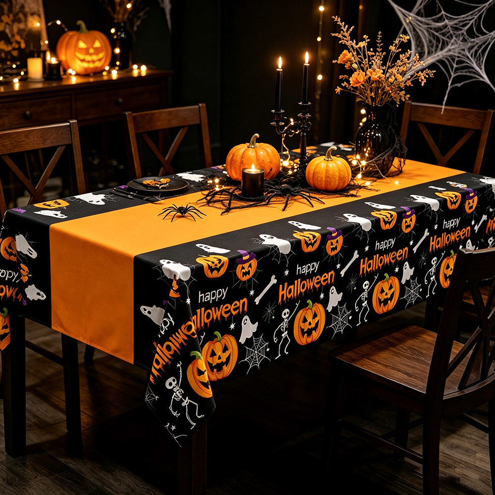 Halloween Tischdecke Schwarz 137x274 Cm Mit Kürbis Spinnweben Und Geist Einweg Party Deko