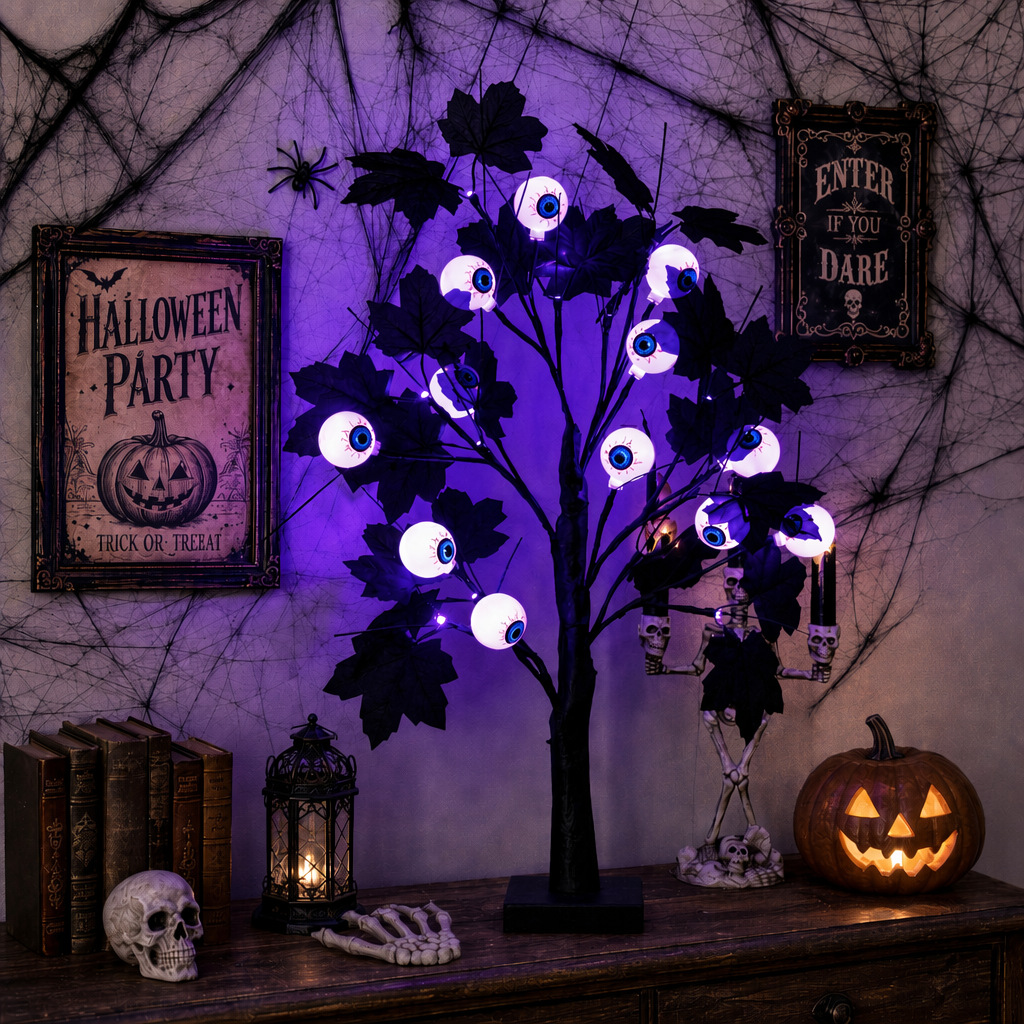 Led Halloween Deko Baum Mit Augen Kürbis Und Geist Leuchtdeko Für Tisch Und Regal