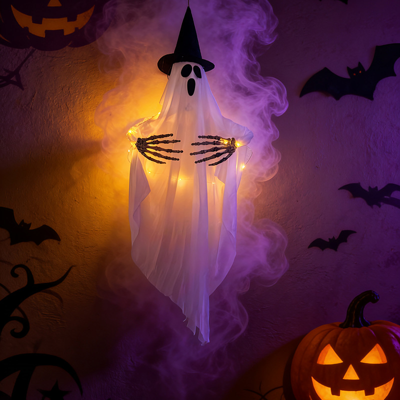 Led Hängedeko Halloween Hexenhut Und Geist Leuchtend Für Außenbereich 80x90 Cm