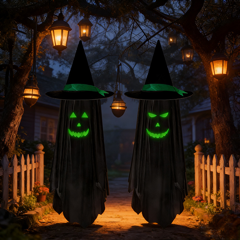 Phosphoreszierende Halloween Hängedeko 100 Cm Hexenhut Und Geist Für Außenbereich