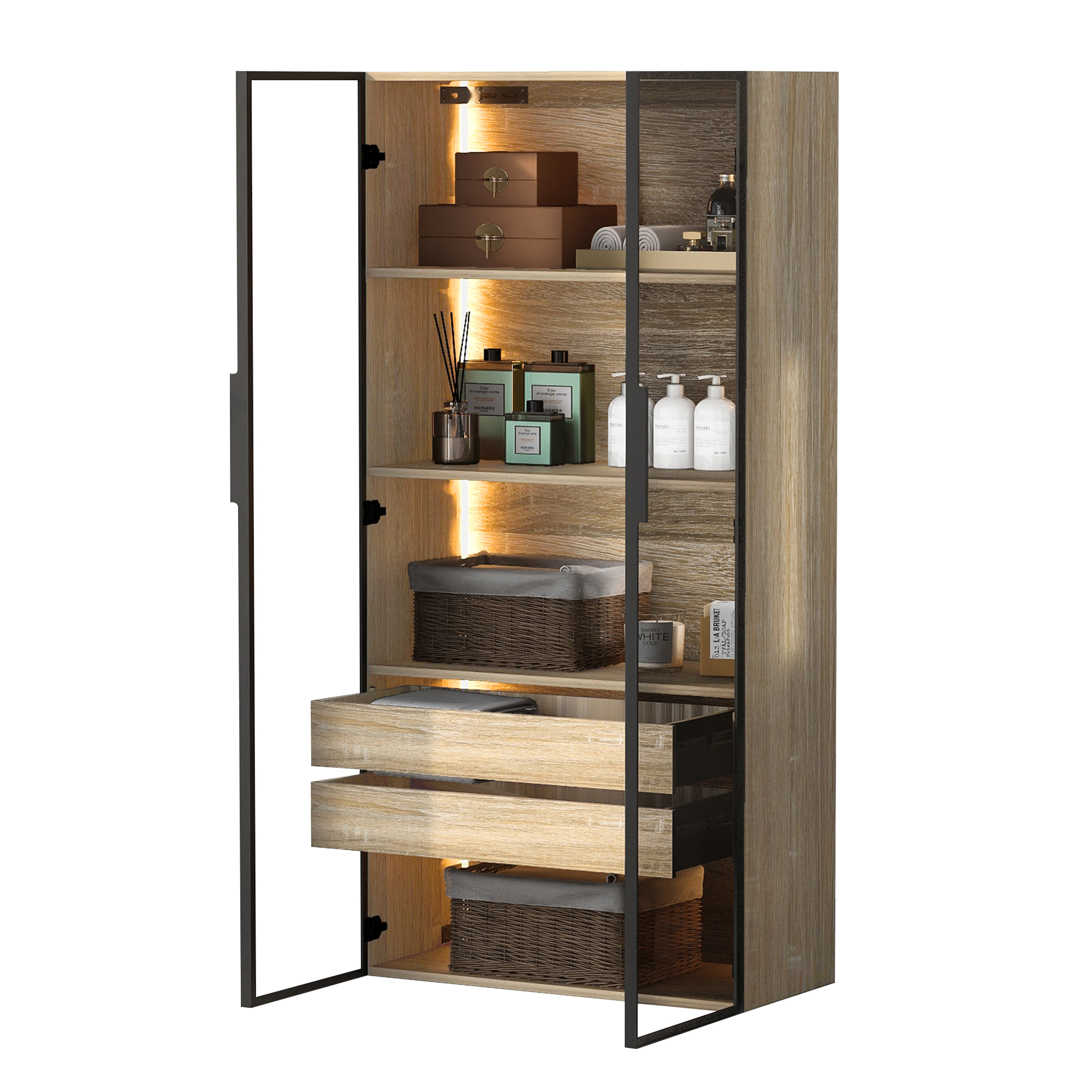 Elvmi Badezimmerschrank Mit 2 Milchglastüren, 2 Schubladen, Offenen Fächern Und Led-beleuchtung, Mdf Natur