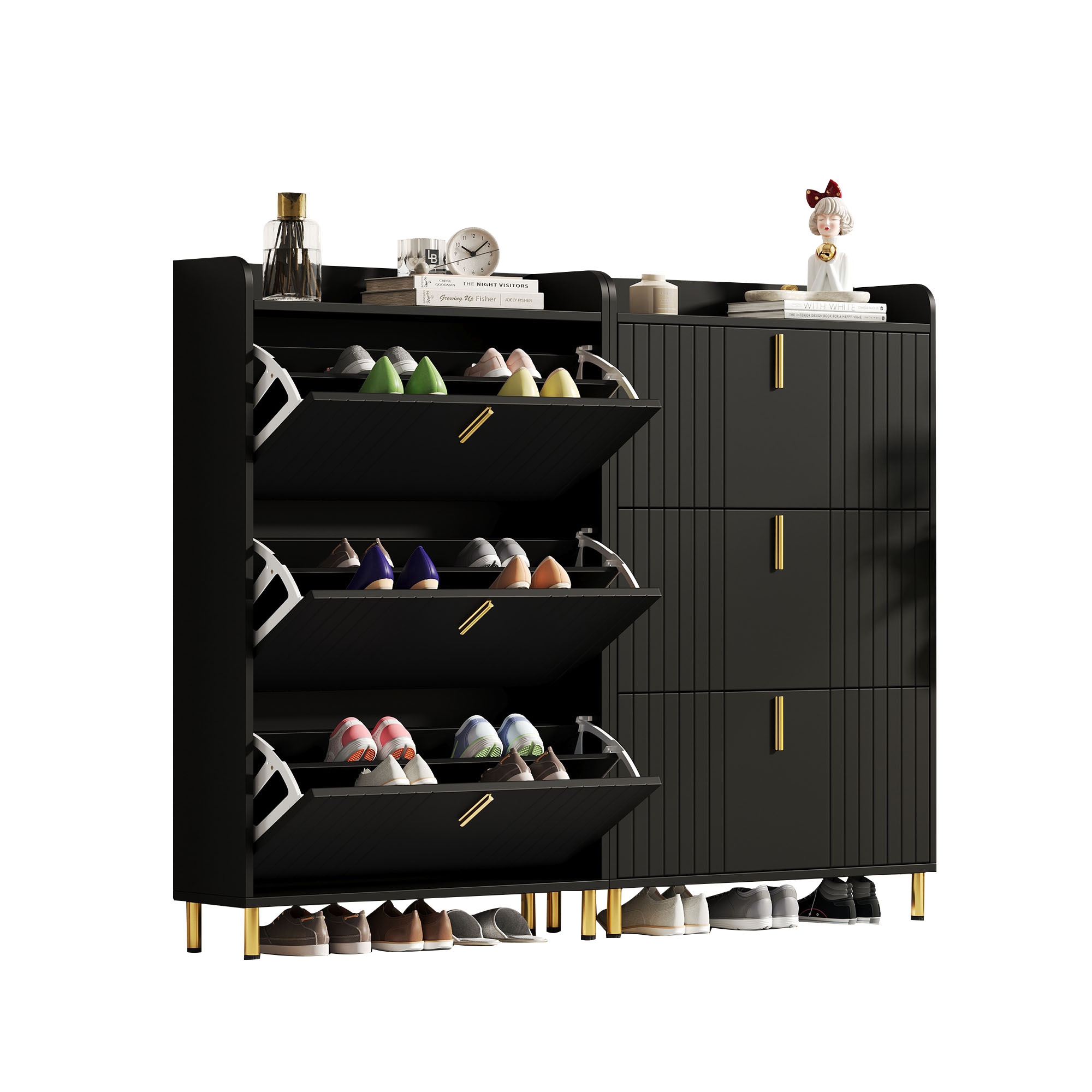 Elvmi Set Aus 2 Schuhschränken Mit 3 Ebenen, Verstellbaren Mittelböden Für Flur, Mdf Schwarz Matt