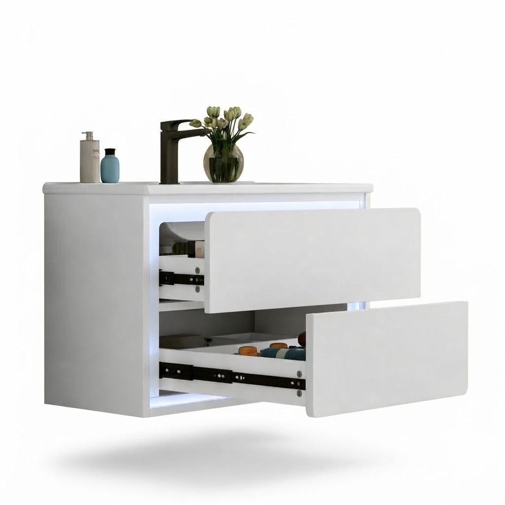 Elvmi Hänge Waschtischunterschrank Mit 2 Schubladen, Radar Sensorbeleuchtung, Keramikwaschbecken, Badezimmer, Mdf Weiß, 76 X 46 X 48.5 Cm