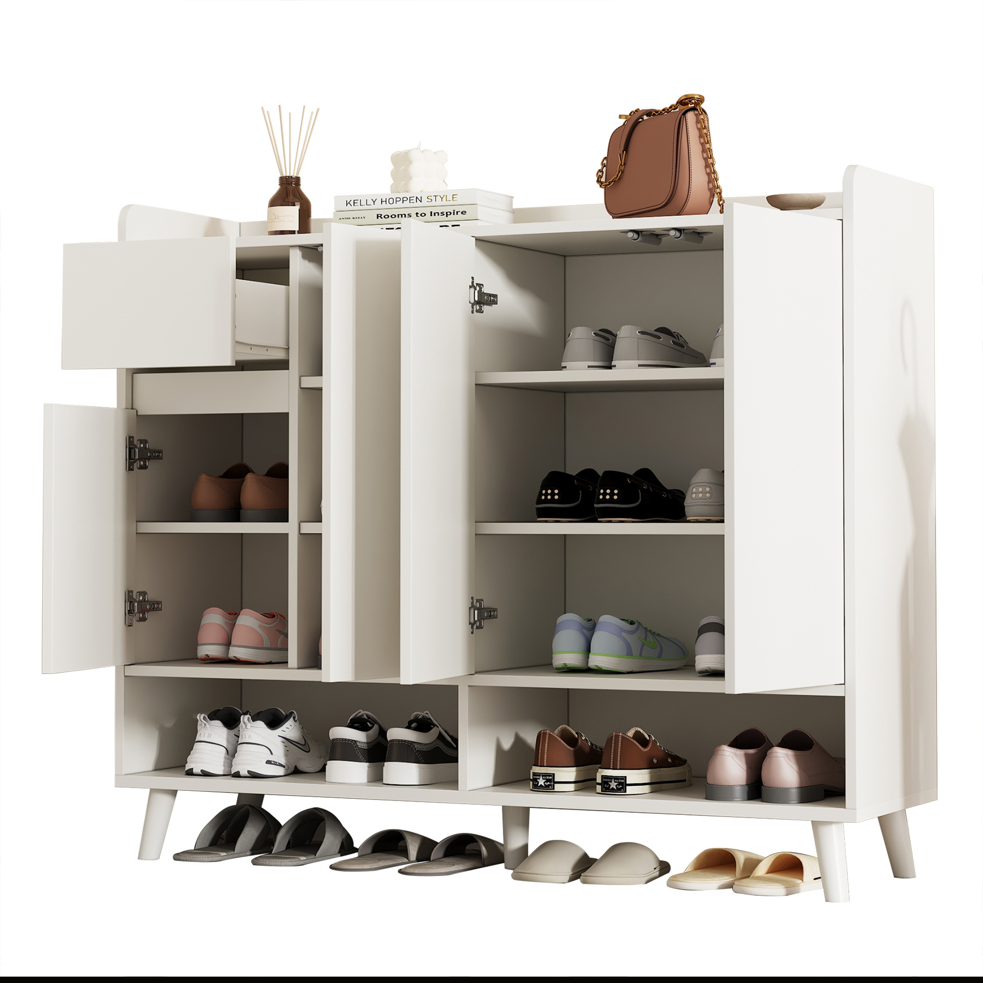 Elvmi Schuhschrank Mit 4 Türen, 1 Schublade Und Verstellbarem Einlegeboden, Für Flur, Weiß, 120 X 35 X 99 Cm